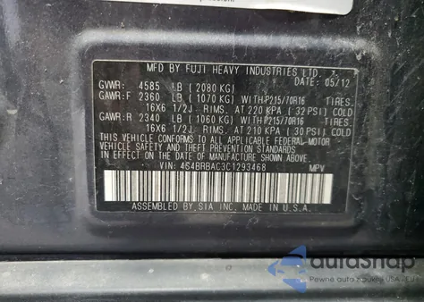 2012 Subaru Outback 2.5I из США, поврежденный, VIN 4S4BRBAC3C1293468